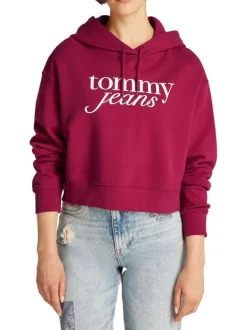 Sweat en coton régénératif framboise à imprimé, coupe droite et col à capuche