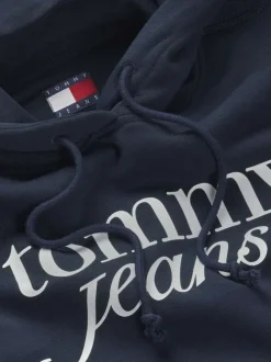 Sweat en coton régénératif mélangé marine à imprimé, droit et col à capuche