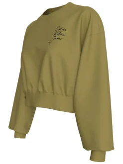 Sweat en coton vert uni à coupe droite, col rond et manches longues larges