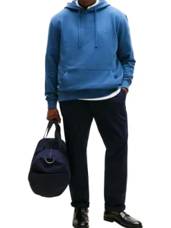 Sweat Grande Taille en coton bleu uni avec une coupe ajustée et un col à capuche