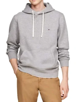 Sweat gris chiné à coupe droite, col à capuche avec lien de serrage blanc