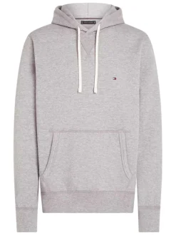 Sweat gris chiné à coupe droite, col à capuche avec lien de serrage blanc