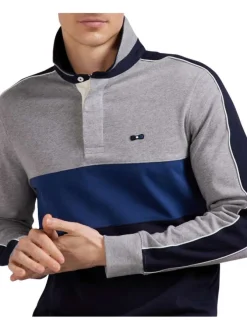 Sweat gris tricolore avec une coupe droite, col boutonné et logo brodé