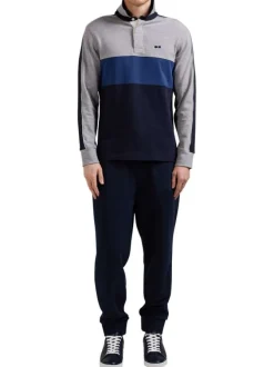 Sweat gris tricolore avec une coupe droite, col boutonné et logo brodé