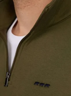 Sweat kaki uni avec une coupe droite à col camionneur et zip de fermeture