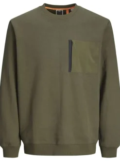 Sweat kaki uni à coupe droite et à col rond avec une poche zippée à la poitrine
