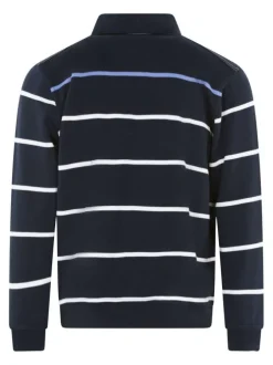 Sweat marine avec rayures blanches et bleues et un col polo avec boutons