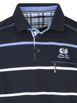 Sweat marine avec rayures blanches et bleues et un col polo avec boutons