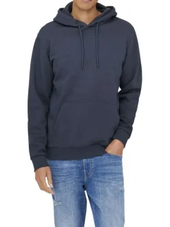 Sweat marine uni avec une coupe droite et un col à capuche