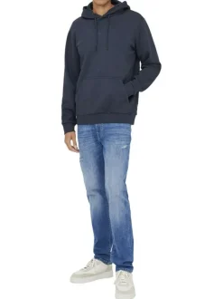 Sweat marine uni avec une coupe droite et un col à capuche