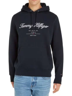 Sweat marine uni coupe droite avec un col à capuche et poche kangourou