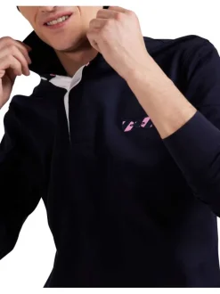 Sweat marine uni à coupe droite, col polo et manches longues avec noeud brodé