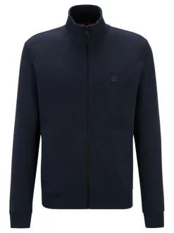 Sweat marine uni zippé en coton avec logo de la marque brodé sur la poitrine