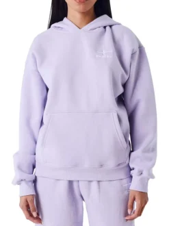 Sweat mauve pourvu d'un col à capuche et du logo de la marque