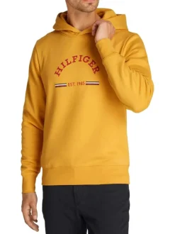 Sweat moutarde à imprimé floqué avec une coupe droite et un col à capuche