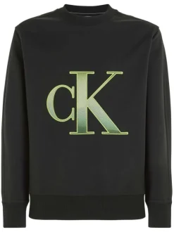 Sweat noir avec une coupe regular fit un col rond et monogramme vert brodé