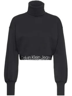 Sweat noir en maille interlock avec une coupe cropped et un col roulé