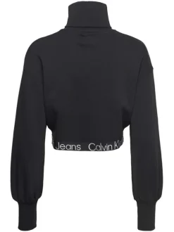Sweat noir en maille interlock avec une coupe cropped et un col roulé