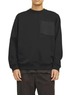 Sweat noir uni à coupe droite et à col rond avec une poche zippée à la poitrine