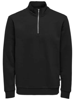 Sweat noir uni en coton mélangé avec une coupe droite et un col camionneur