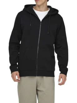 Sweat noir uni en coton mélangé avec une coupe droite et un col à capuche