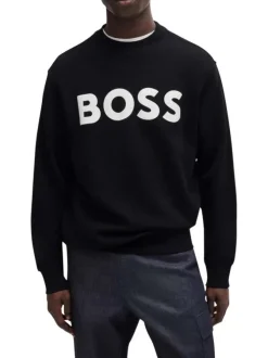 Sweat ras-du-cou en coton noir uni à coupe droite avec nom de la marque