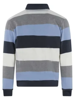 Sweat à rayures bleues, grises et blanches avec un col polo à boutons