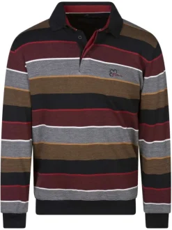 Sweat rouge rayé avec une coupe droite et un col boutonné avec logo