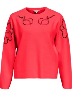 Sweat rouge uni pourvu de détails en maille ajourée et d'un col rond