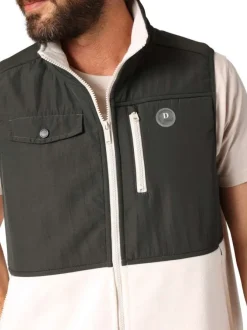 Sweat sans manches bi-matière écru et anthracite pourvu de poches plaquées