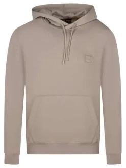 Sweat taupe uni avec un col à capuche et un logo brodé sur le coeur