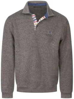 Sweat taupe uni avec une coupe droite, des coudières et un col boutonné