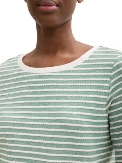 Sweat vert à rayures blanches en coton avec col rond large et coupe regular