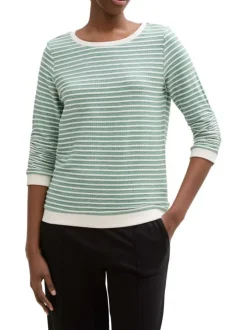 Sweat vert à rayures blanches en coton avec col rond large et coupe regular