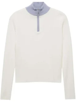 Sweat zippé beige et ciel avec une coupe droite et un col camionneur