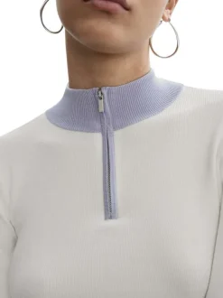 Sweat zippé beige et ciel avec une coupe droite et un col camionneur
