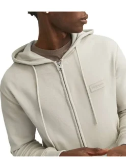 Sweat zippé en coton beige unie coupe droite avec un col à capuche