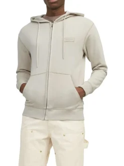 Sweat zippé en coton beige unie coupe droite avec un col à capuche