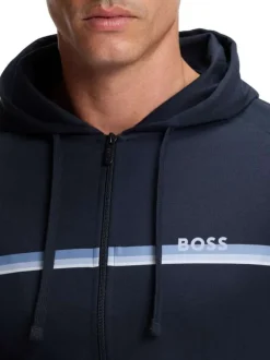 Sweat zippé en coton bleu à coupe droite pourvu d'un col à capuche