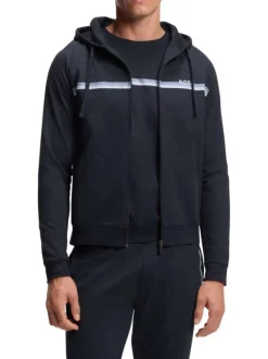 Sweat zippé en coton bleu à coupe droite pourvu d'un col à capuche