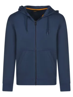 Sweat zippé en coton bleu uni avec une coupe droite et un col à capuche