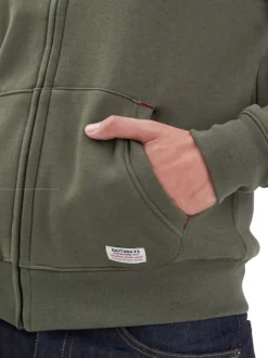 Sweat zippé en coton kaki pourvu d'un col à capuche et de poches
