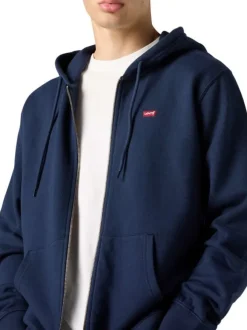 Sweat zippé en coton marine à coupe droite pourvu d'un col à capuche