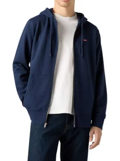 Sweat zippé en coton marine à coupe droite pourvu d'un col à capuche