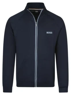 Sweat zippé en coton marine uni avec une coupe droite et un col montant
