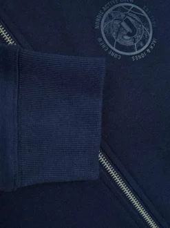 Sweat zippé en coton marine uni coupe droite avec col français en points Jersey