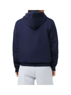 Sweat zippé en coton marine uni coupe droite col capuche et poches ventrales