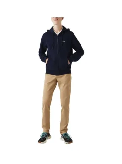 Sweat zippé en coton marine uni coupe droite col capuche et poches ventrales