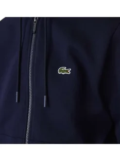 Sweat zippé en coton marine uni coupe droite col capuche et poches ventrales