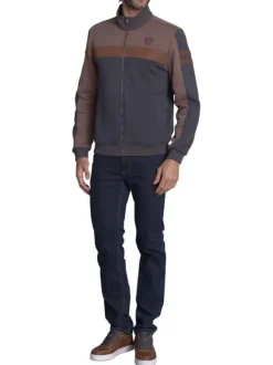 Sweat zippé en coton mélangé gris uni avec une coupe droite à col montant